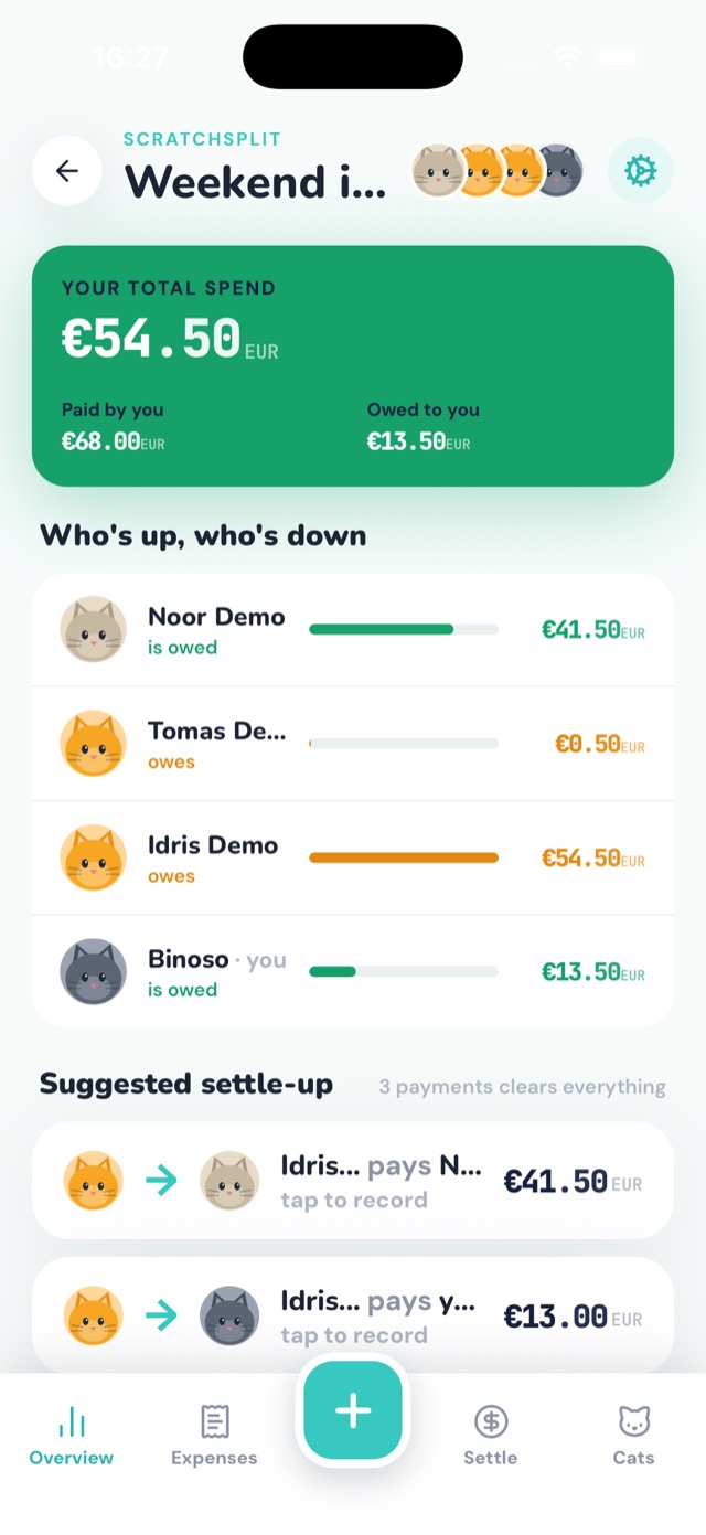 A group overview showing total spend, who is owed, who owes, and suggested settle-up payments
