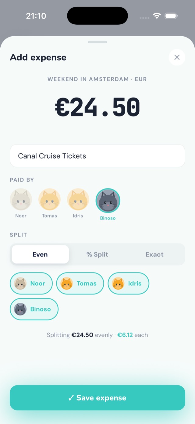 The Add expense screen splitting €24.50 in canal cruise tickets evenly between four people