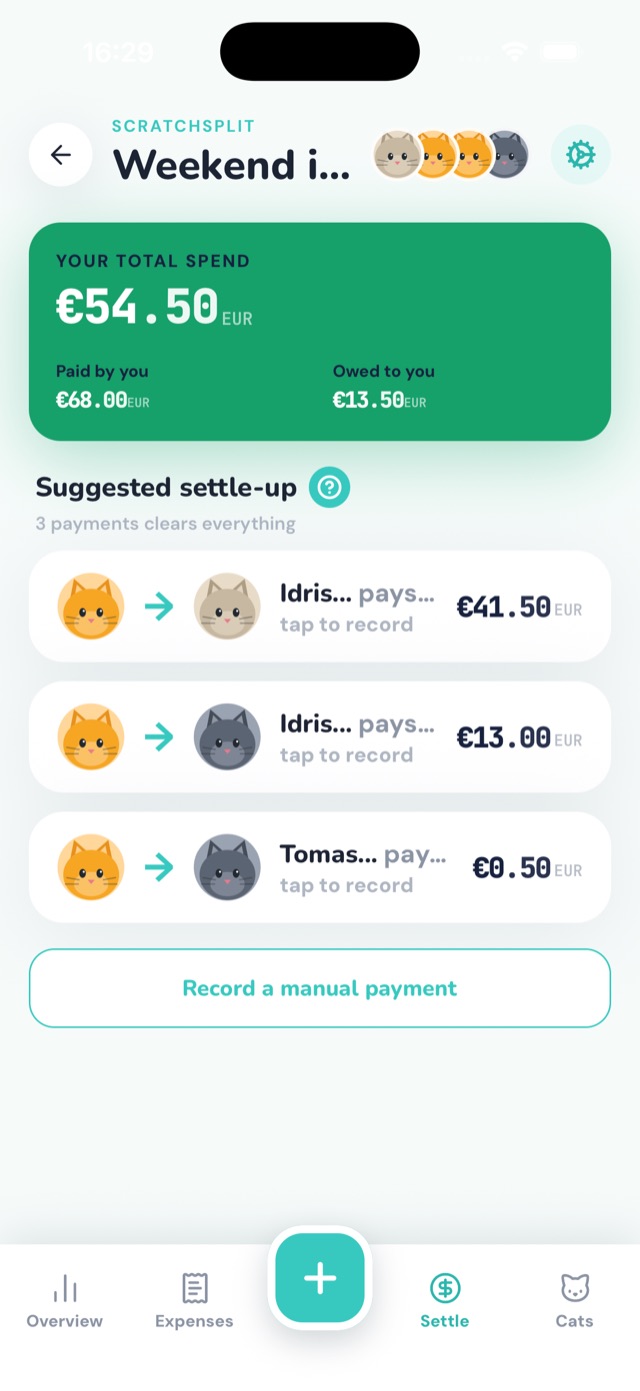 Suggested settle-up showing three payments that clear everything