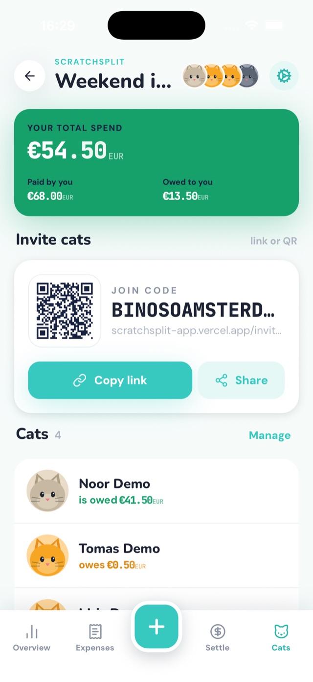 A group invite with a QR code, a join code, and Copy link and Share buttons