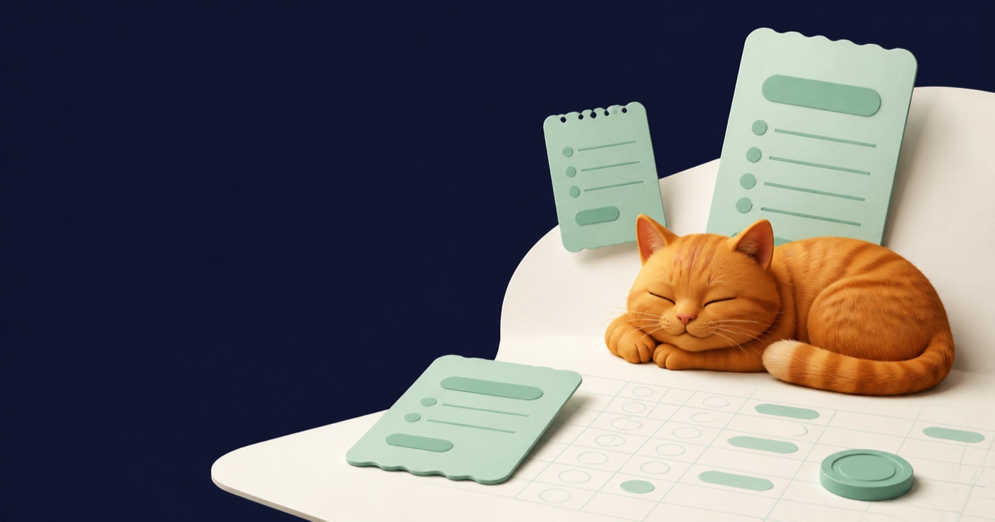 An orange cat asleep on a shared ledger beside mint expense notes